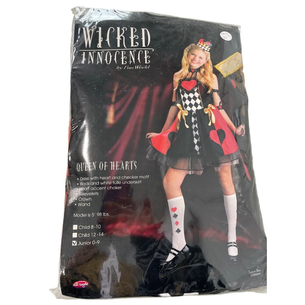 Fun World Wicked Innocence Junior Size 0-9 Queen Of Hearts Costume Black Red NEW